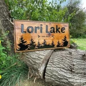 Lake House Sign with Pine Tree Imagery