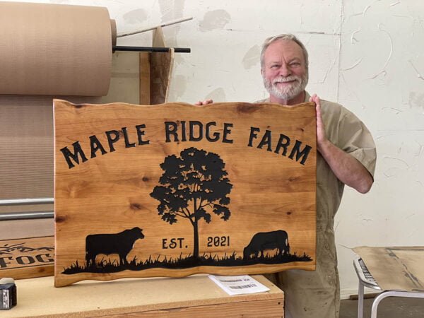 Farm Sign with Tree Imagery and Unique Edge