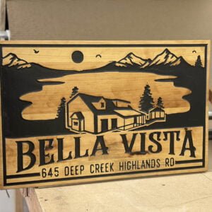 Home Sign with Mountain and Cabin Imagery