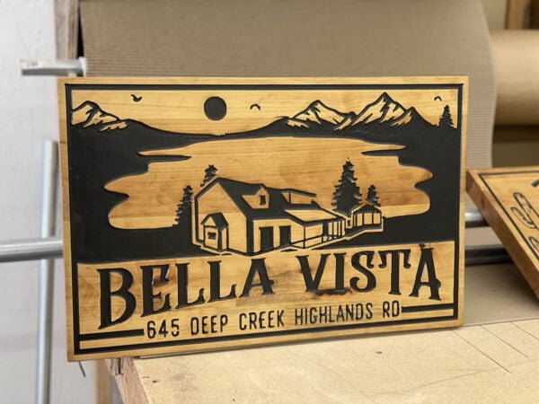 Home Sign with Mountain and Cabin Imagery
